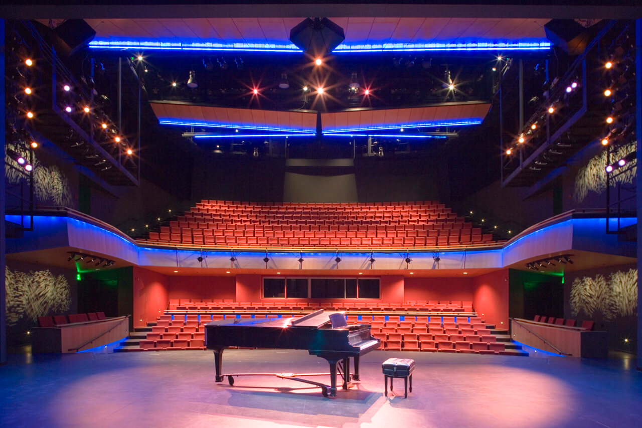 A piano on stage at the Center for the Arts in Jackson Hole.