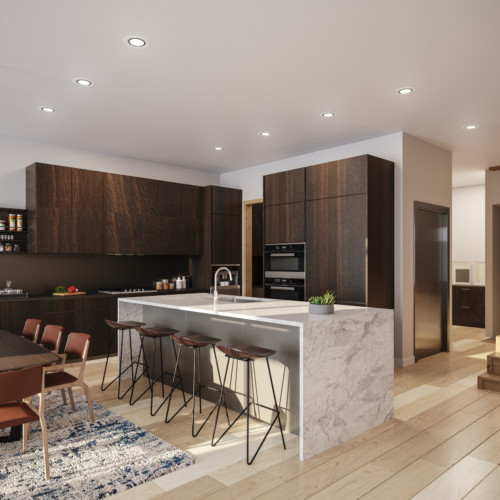 A modern kitchen with a white marbled waterfall island, dark brown wooden cabinets, and white oak flooring.