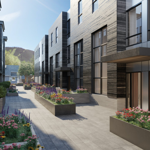 The exterior courtyard with flower boxes at The Glenwood.