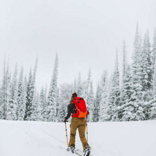A backcountry skier with a red backpack tours uphill on a grey, snowy day.
