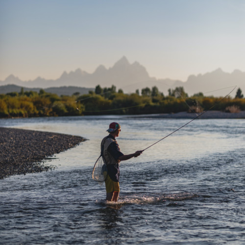A fly fisherman stands knee-deep in a river in Grand Teton National Park.