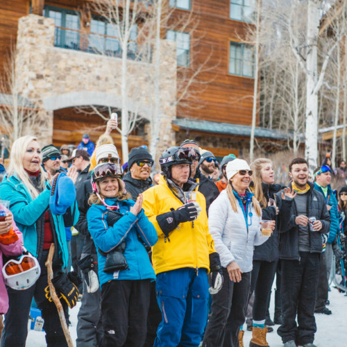 A crowd enjoys live music under the tram after skiing at Jackson Hole Mountain Resort.