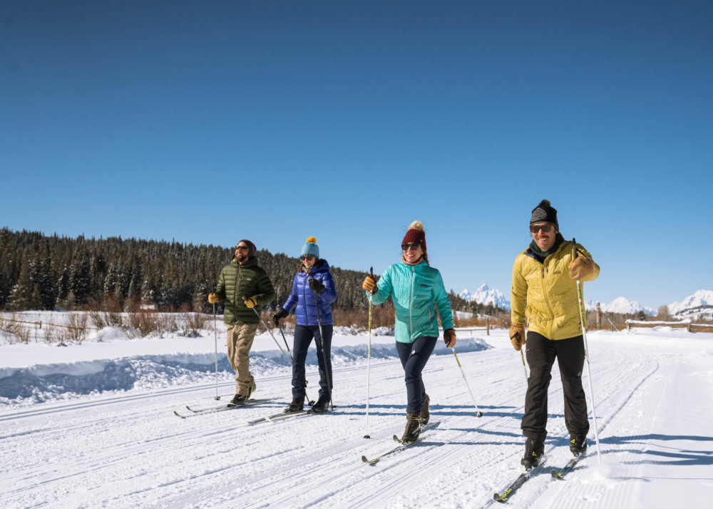 Four nordic skiers classic ski on a sunny day in Grand Teton National Park.