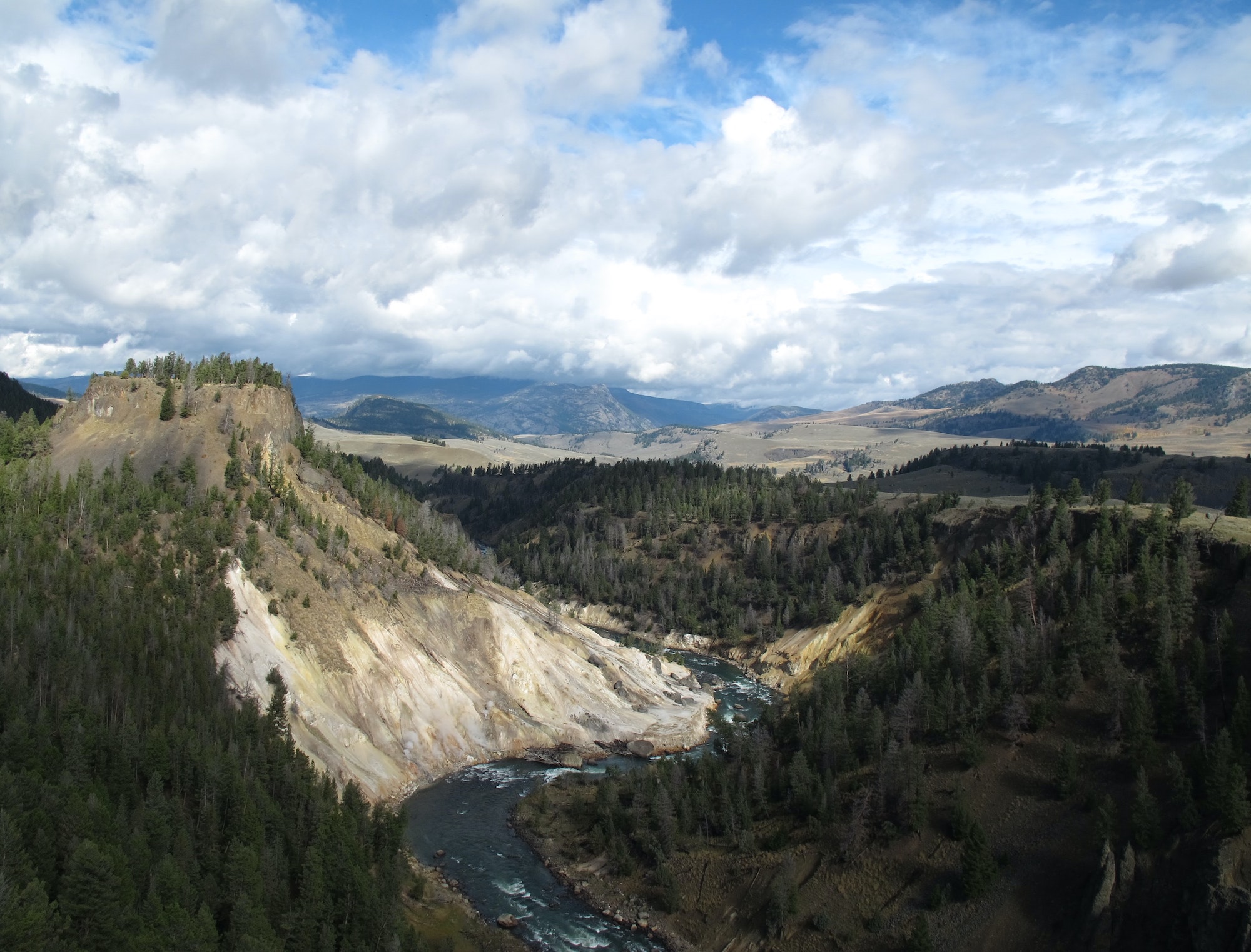 A river bends through a forested canyon in Yellowstone National Park.