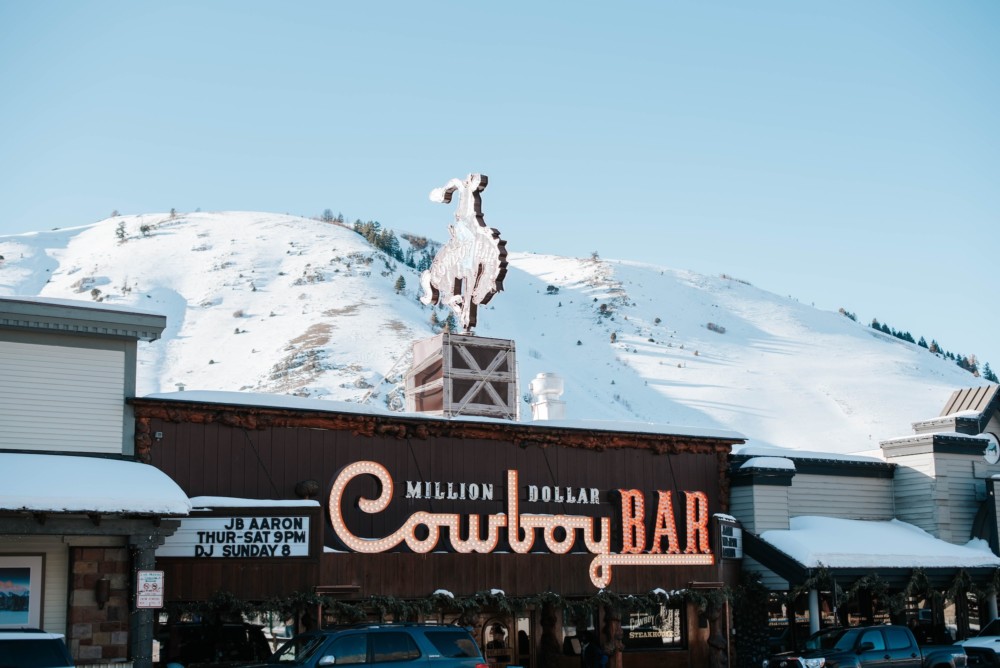 The exterior of the cowboy bar on a sunny winter day.
