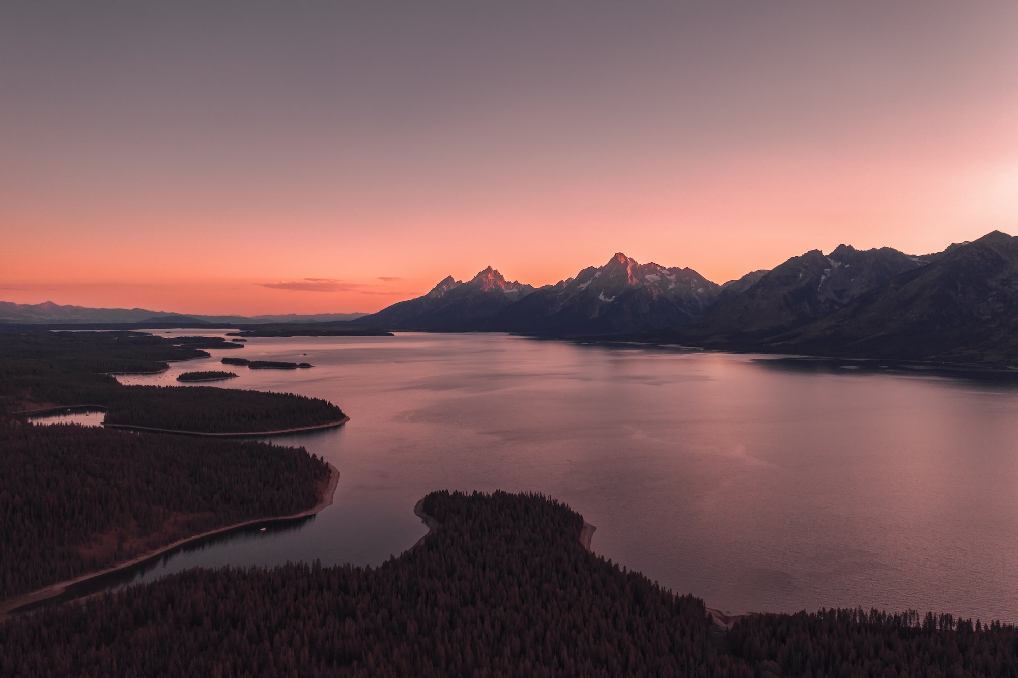 Jackson Lake and the Tetons at sunset.