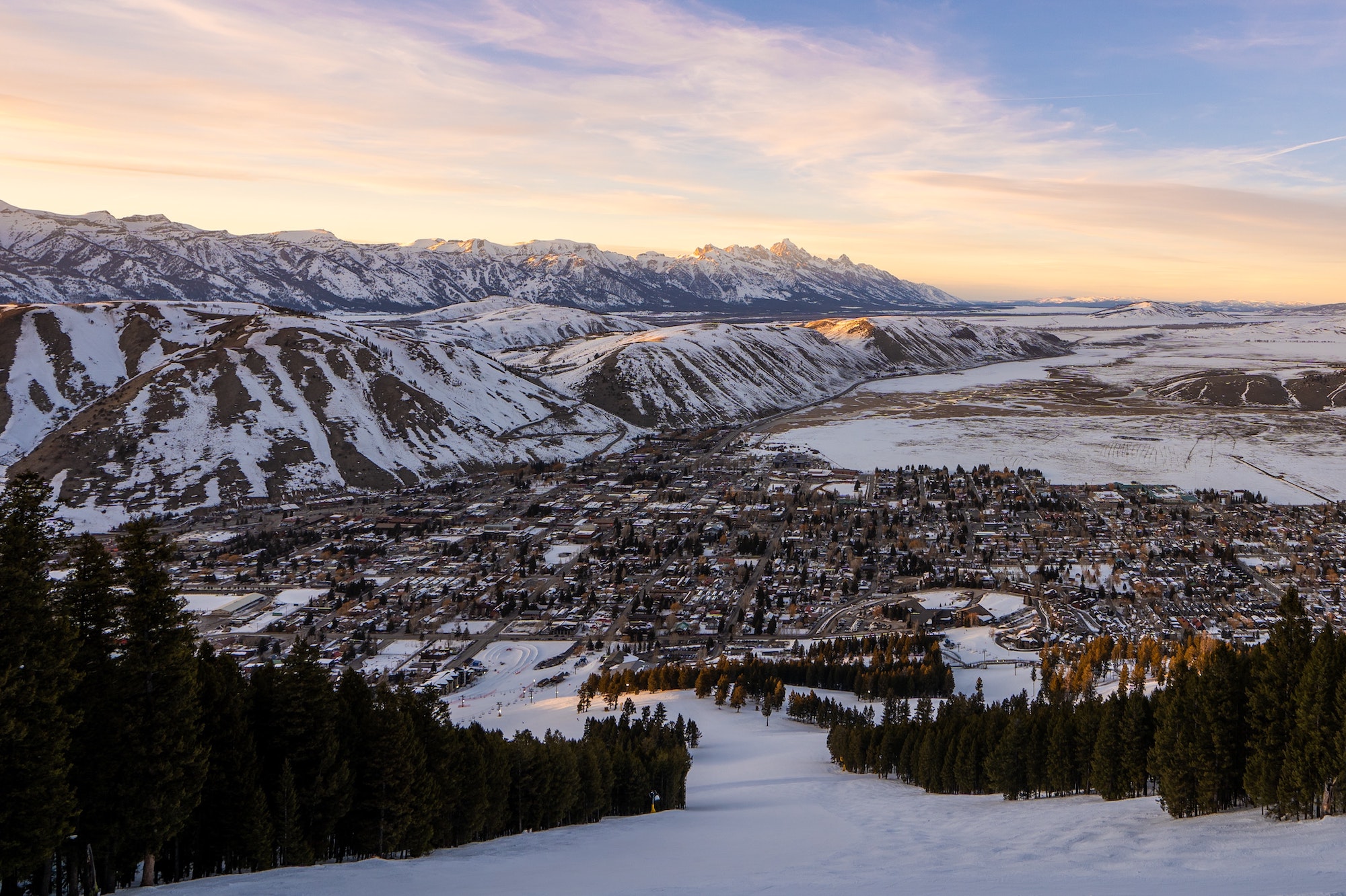 The snowy town of Jackson from a ski slope on Snow King Mountain.
