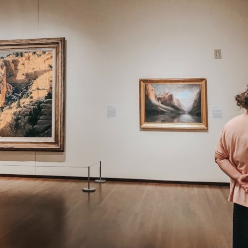 A woman in a pink shirt admires art inside a museum at the Fall Arts Festival.