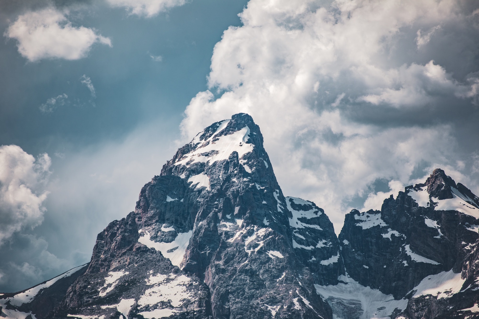 A close-up of the summit of the Grand Teton on a sunny winter day.