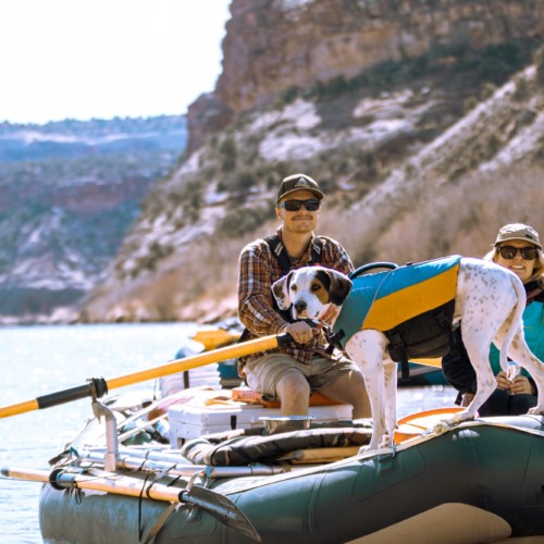 A couple and a dog float down a river canyon on an inflatable raft.